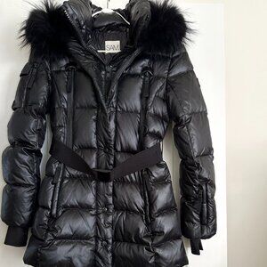 SAM Black Hooded Fur Trim Belted Down Puffer Mid Coat Size S